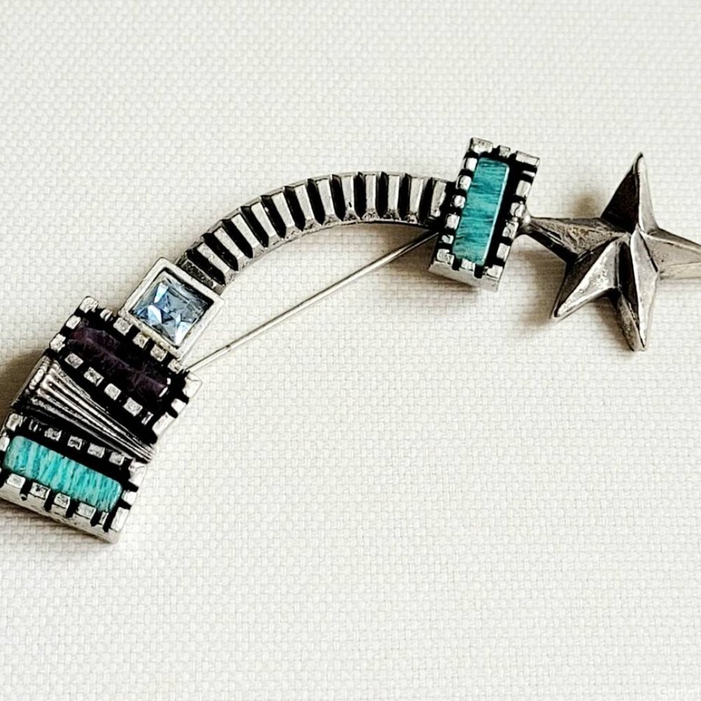 Patricia Locke Shooting Star silver With teal Crystal and turquoise brooch